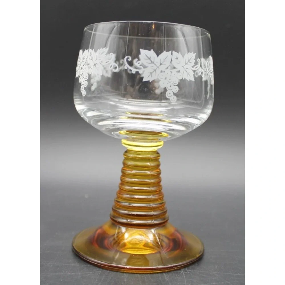 Vintage Romer Cordial Glasses Amber Beehive Stem Gold White Floral Set of 2